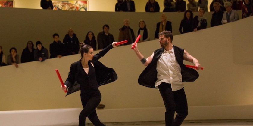 Michelle Dorrance with Nicholas Van Young in Works & Process Rotunda Project at the Guggenheim Museum. Photo Matthew Murphy.